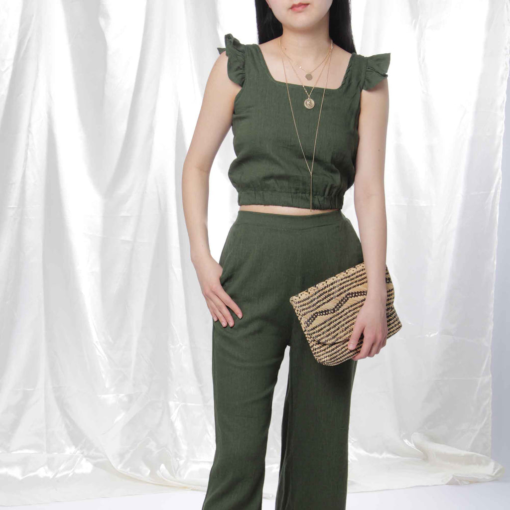 Ruffled Linen Crop Top in Forest