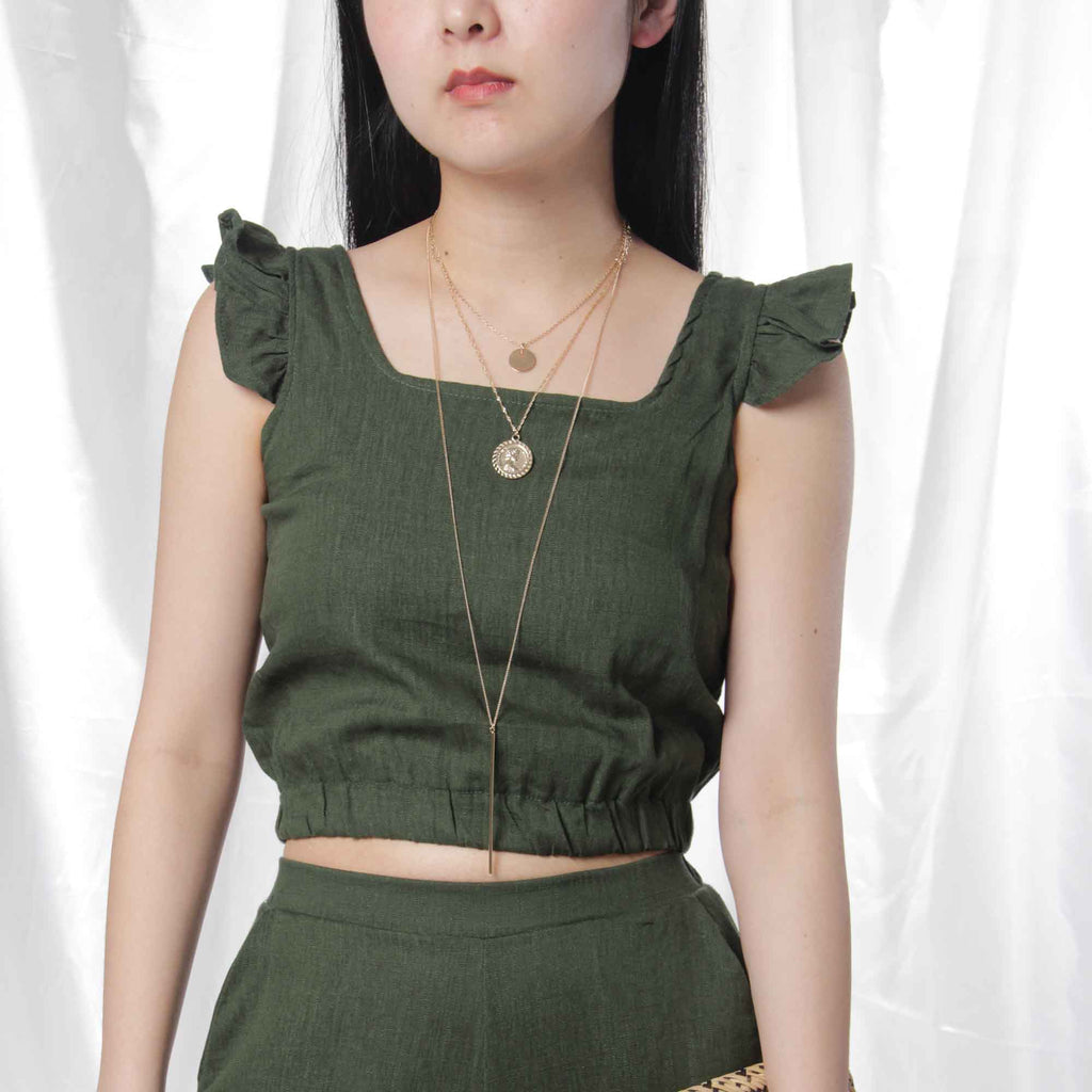 Ruffled Linen Crop Top in Forest